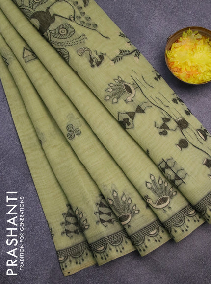 Munga cotton saree pista green with thread woven buttas and warli design thread woven border