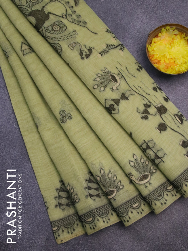 Munga cotton saree pista green with thread woven buttas and warli design thread woven border