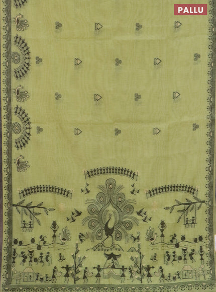 Munga cotton saree pista green with thread woven buttas and warli design thread woven border