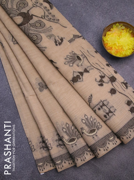 Munga cotton saree beige with thread woven buttas and warli design thread woven border