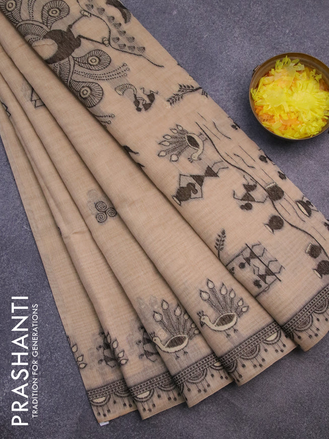 Munga cotton saree beige with thread woven buttas and warli design thread woven border