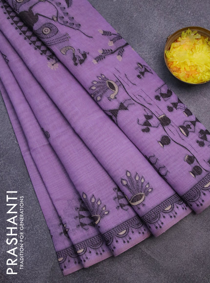 Munga cotton saree lavender shade with thread woven buttas and warli design thread woven border