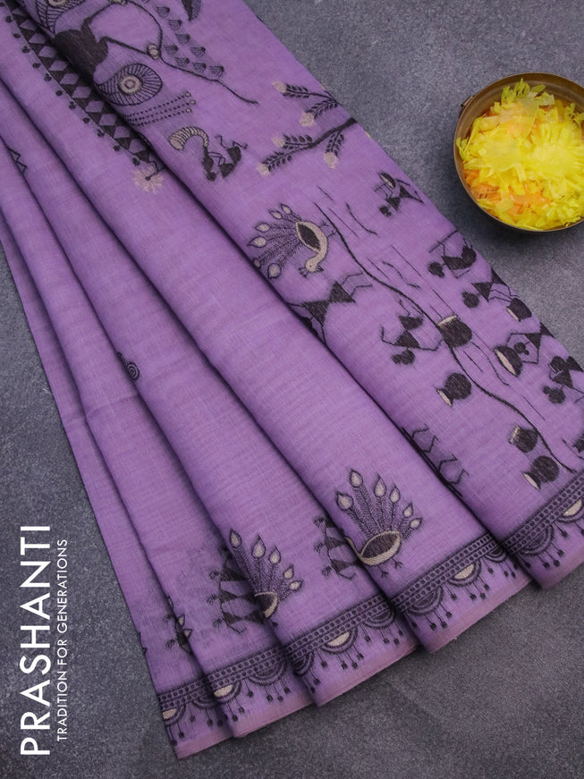 Munga cotton saree lavender shade with thread woven buttas and warli design thread woven border