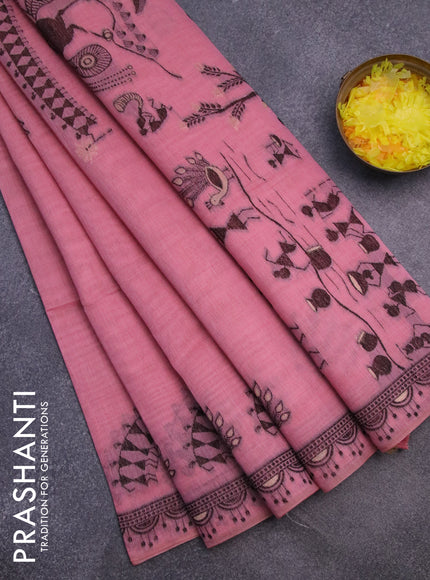 Munga cotton saree peach pink with thread woven buttas and warli design thread woven border