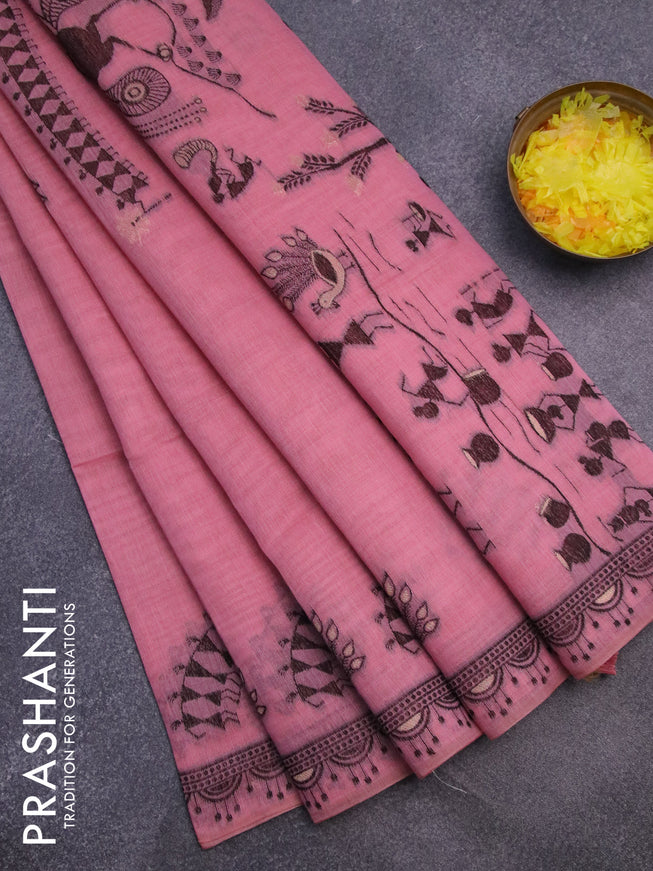 Munga cotton saree peach pink with thread woven buttas and warli design thread woven border