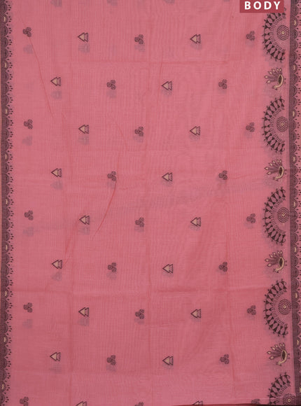 Munga cotton saree peach pink with thread woven buttas and warli design thread woven border