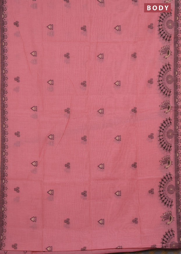 Munga cotton saree peach pink with thread woven buttas and warli design thread woven border