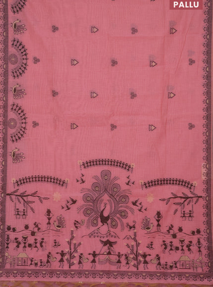 Munga cotton saree peach pink with thread woven buttas and warli design thread woven border