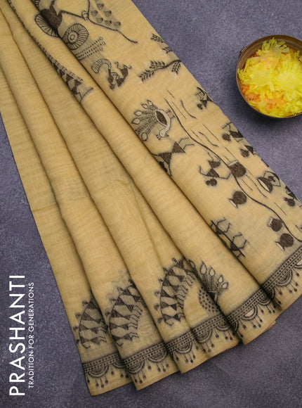 Munga cotton saree yellow with thread woven buttas and warli design thread woven border