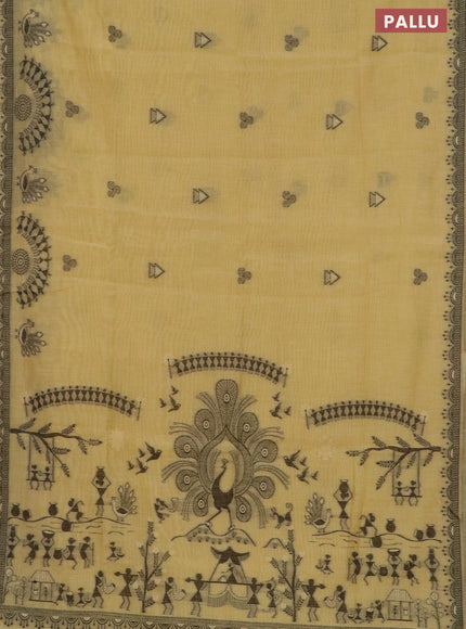 Munga cotton saree yellow with thread woven buttas and warli design thread woven border