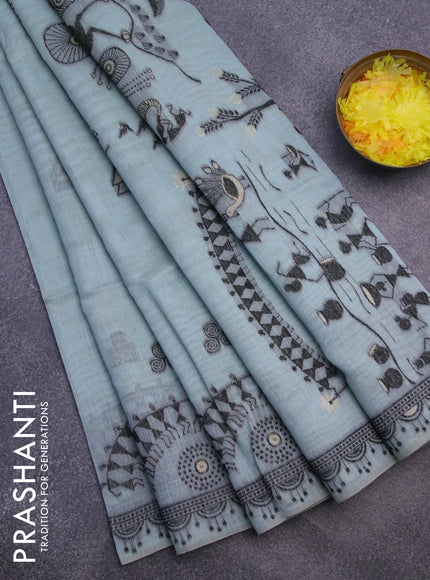 Munga cotton saree pastel green shade with thread woven buttas and warli design thread woven border