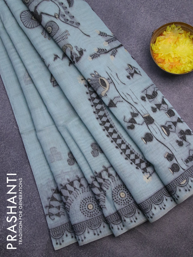 Munga cotton saree pastel green shade with thread woven buttas and warli design thread woven border