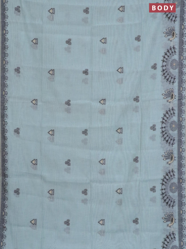 Munga cotton saree pastel green shade with thread woven buttas and warli design thread woven border