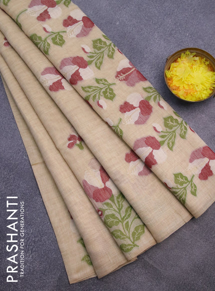 Munga cotton saree beige and maroon with thread & zari woven floral buttas in borderless style