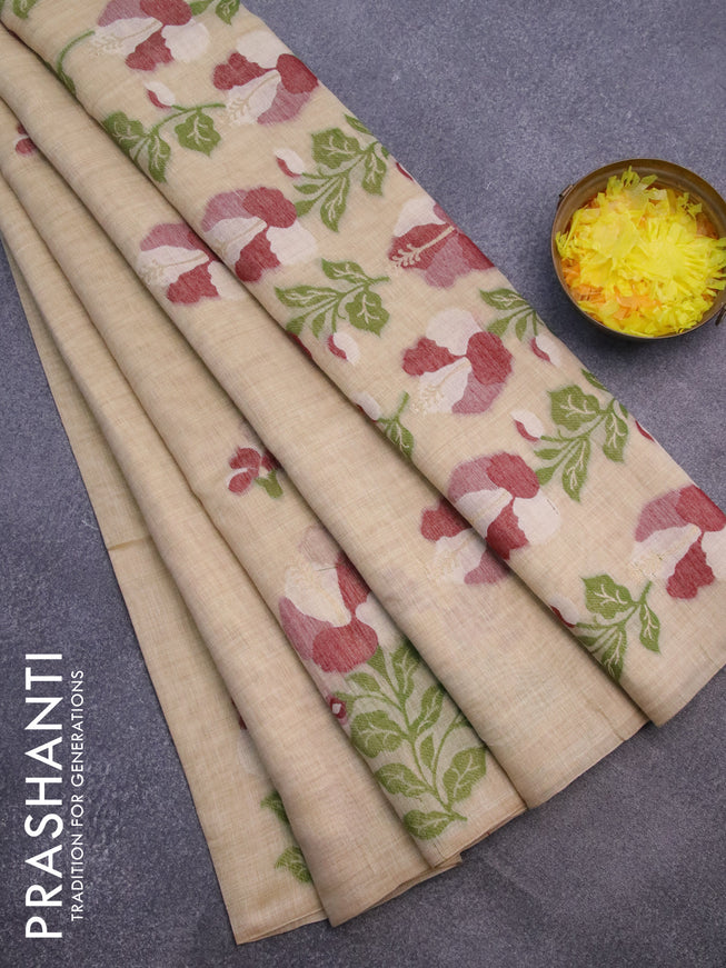 Munga cotton saree beige and maroon with thread & zari woven floral buttas in borderless style