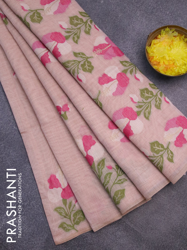 Munga cotton saree pastel peach shade and pink with thread & zari woven floral buttas in borderless style