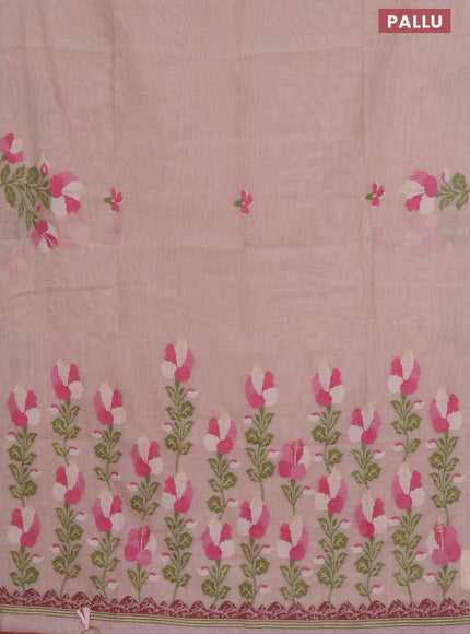 Munga cotton saree pastel peach shade and pink with thread & zari woven floral buttas in borderless style