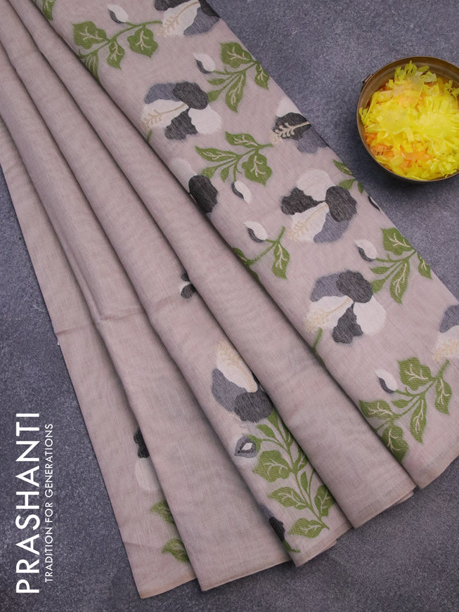 Munga cotton saree beige and black with thread & zari woven floral buttas in borderless style