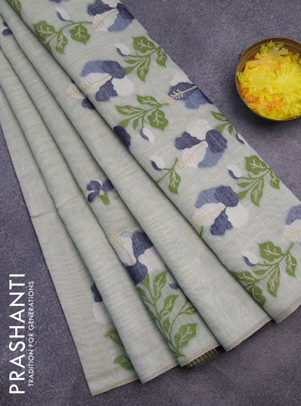 Munga cotton saree pastel green shade and navy blue with thread & zari woven floral buttas in borderless style