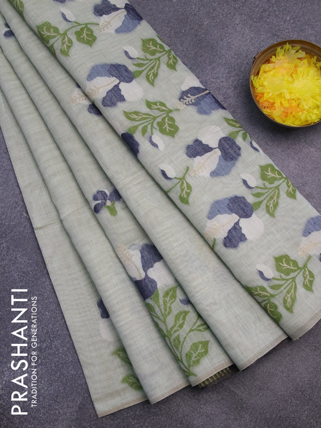 Munga cotton saree pastel green shade and navy blue with thread & zari woven floral buttas in borderless style