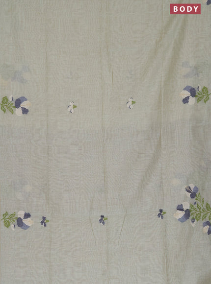 Munga cotton saree pastel green shade and navy blue with thread & zari woven floral buttas in borderless style