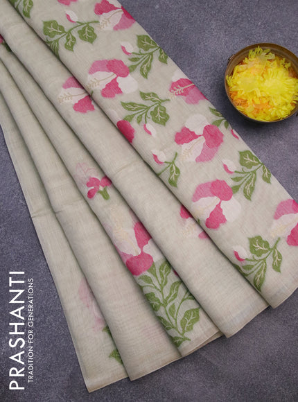 Munga cotton saree mild pista green and pink with thread & zari woven floral buttas in borderless style