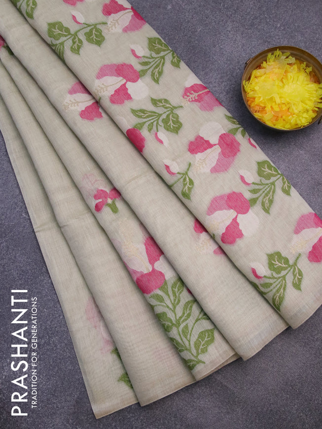 Munga cotton saree mild pista green and pink with thread & zari woven floral buttas in borderless style