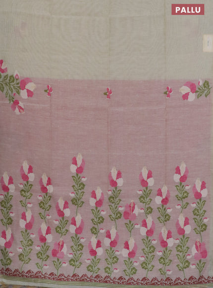 Munga cotton saree mild pista green and pink with thread & zari woven floral buttas in borderless style