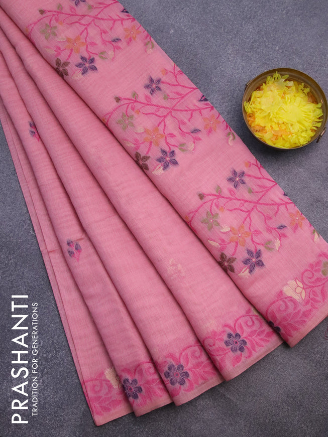 Munga cotton saree peach pink with thread & zari woven floral buttas and thread woven border