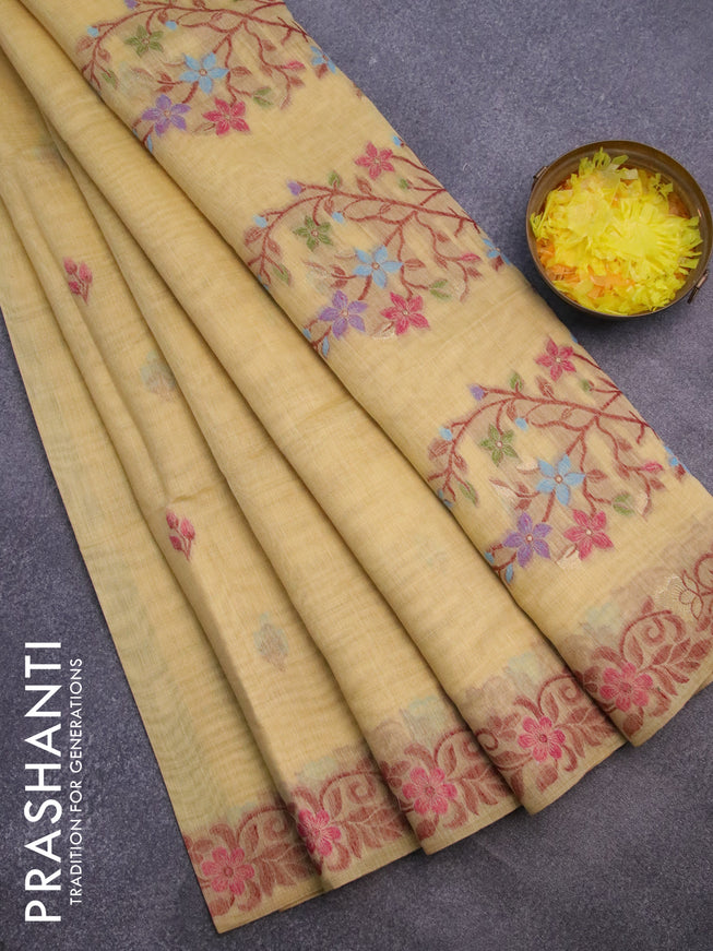 Munga cotton saree yellow with thread & zari woven floral buttas and thread woven border