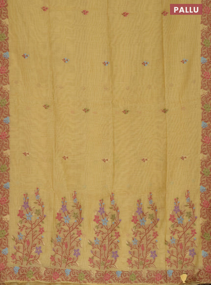 Munga cotton saree yellow with thread & zari woven floral buttas and thread woven border