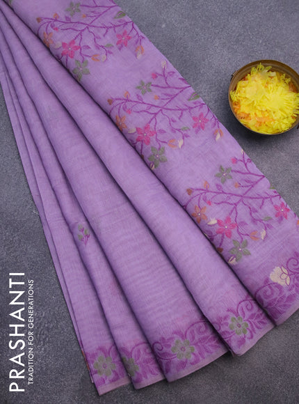 Munga cotton saree lavender shade with thread & zari woven floral buttas and thread woven border