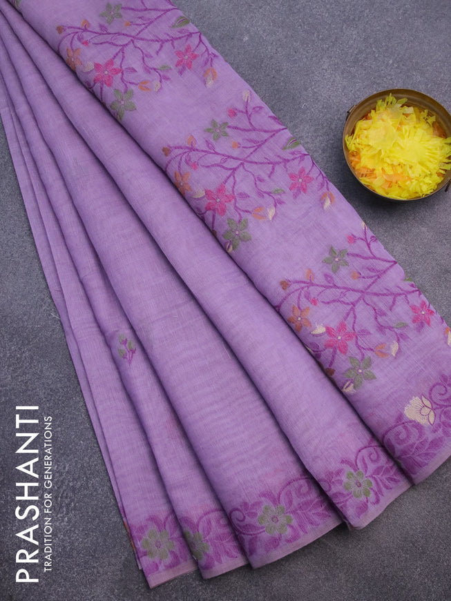 Munga cotton saree lavender shade with thread & zari woven floral buttas and thread woven border