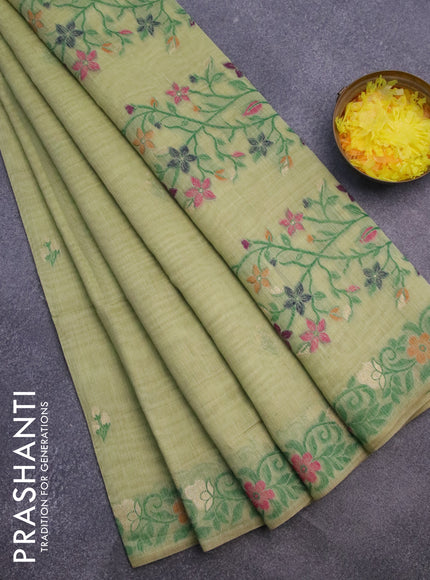 Munga cotton saree pista green with thread & zari woven floral buttas and thread woven border