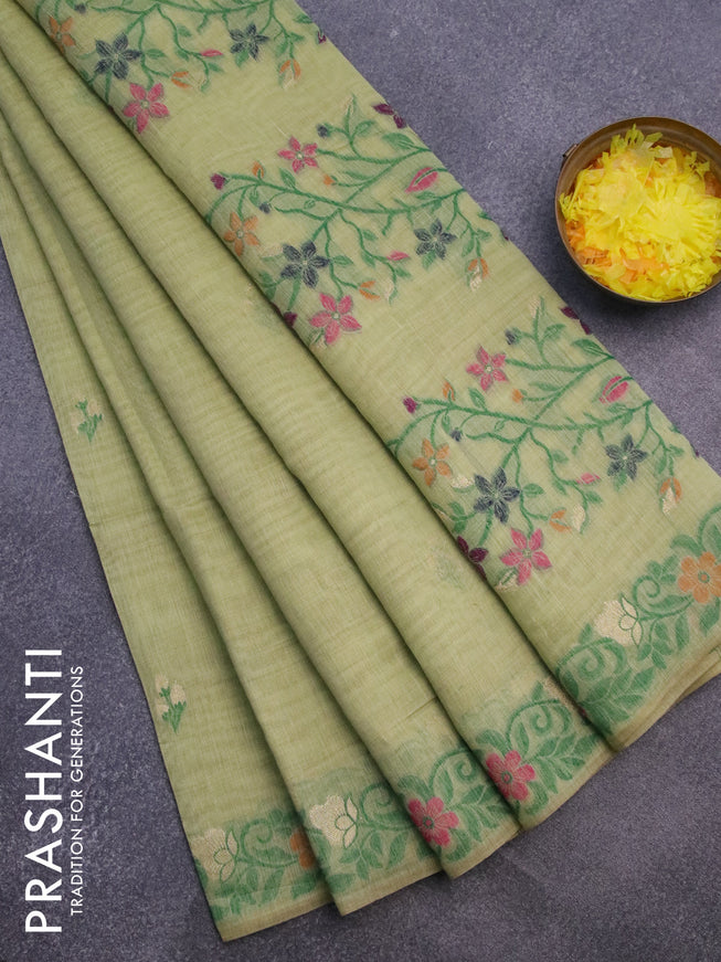 Munga cotton saree pista green with thread & zari woven floral buttas and thread woven border