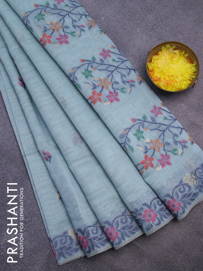 Munga cotton saree pastel green shade with thread & zari woven floral buttas and thread woven border