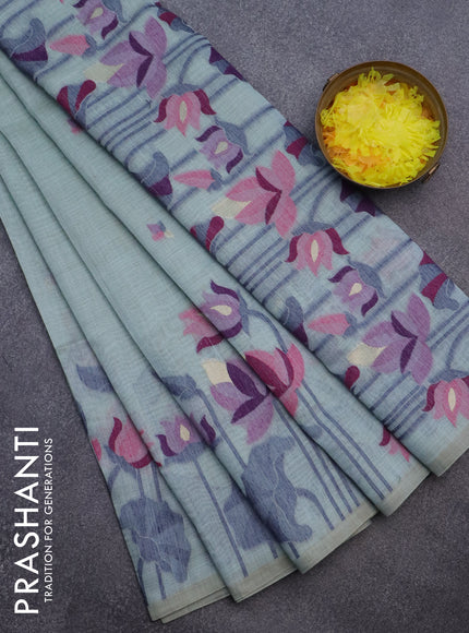 Munga cotton saree pastel blue shade with thread & zari woven buttas and long thread woven border