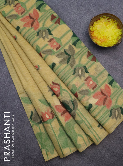 Munga cotton saree yellow with thread & zari woven buttas and long thread woven border