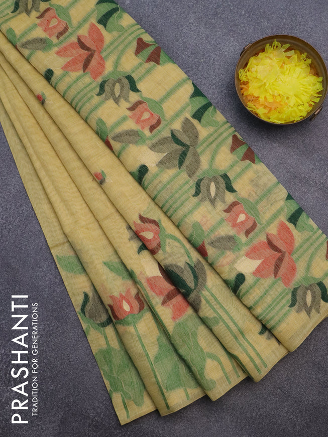 Munga cotton saree yellow with thread & zari woven buttas and long thread woven border