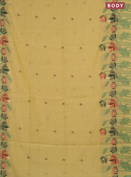 Munga cotton saree yellow with thread & zari woven buttas and long thread woven border