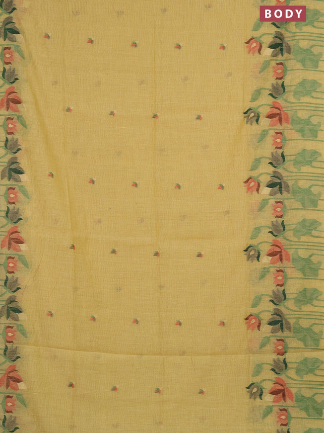 Munga cotton saree yellow with thread & zari woven buttas and long thread woven border