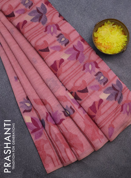 Munga cotton saree peach pink with thread & zari woven buttas and long thread woven border