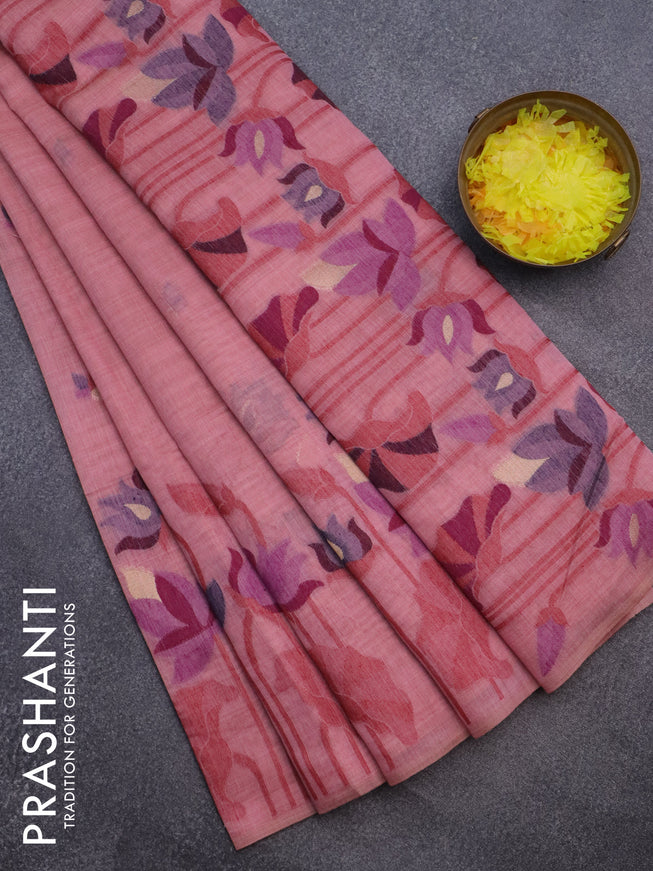 Munga cotton saree peach pink with thread & zari woven buttas and long thread woven border