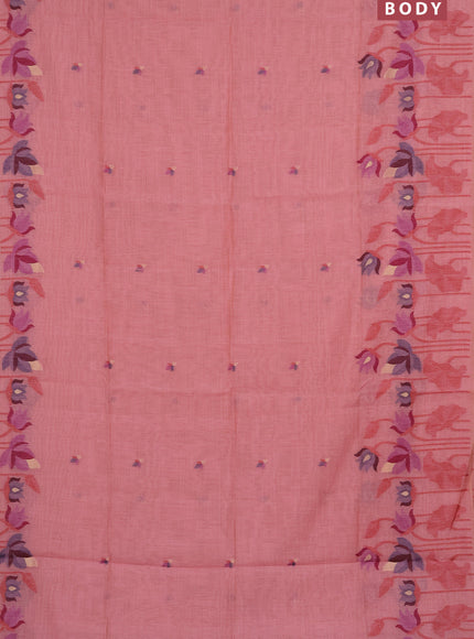 Munga cotton saree peach pink with thread & zari woven buttas and long thread woven border