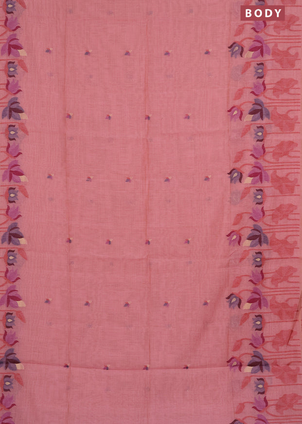 Munga cotton saree peach pink with thread & zari woven buttas and long thread woven border