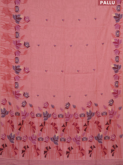 Munga cotton saree peach pink with thread & zari woven buttas and long thread woven border