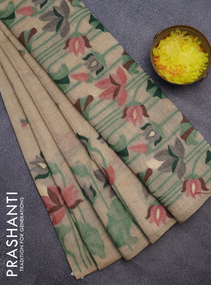 Munga cotton saree beige with thread & zari woven buttas and long thread woven border