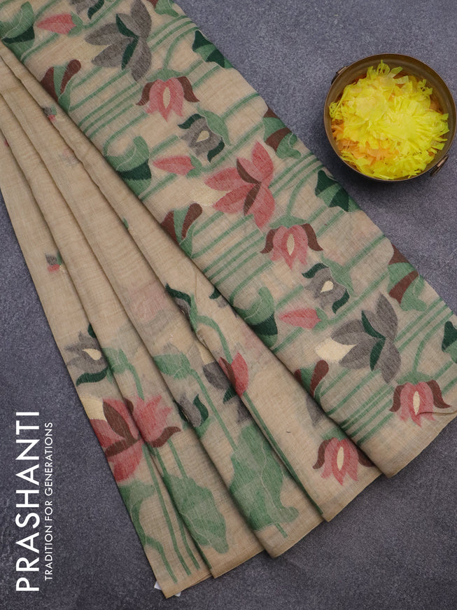 Munga cotton saree beige with thread & zari woven buttas and long thread woven border