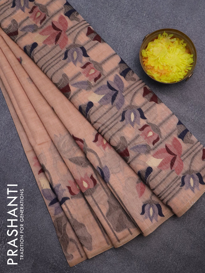 Munga cotton saree peach orange with thread & zari woven buttas and long thread woven border