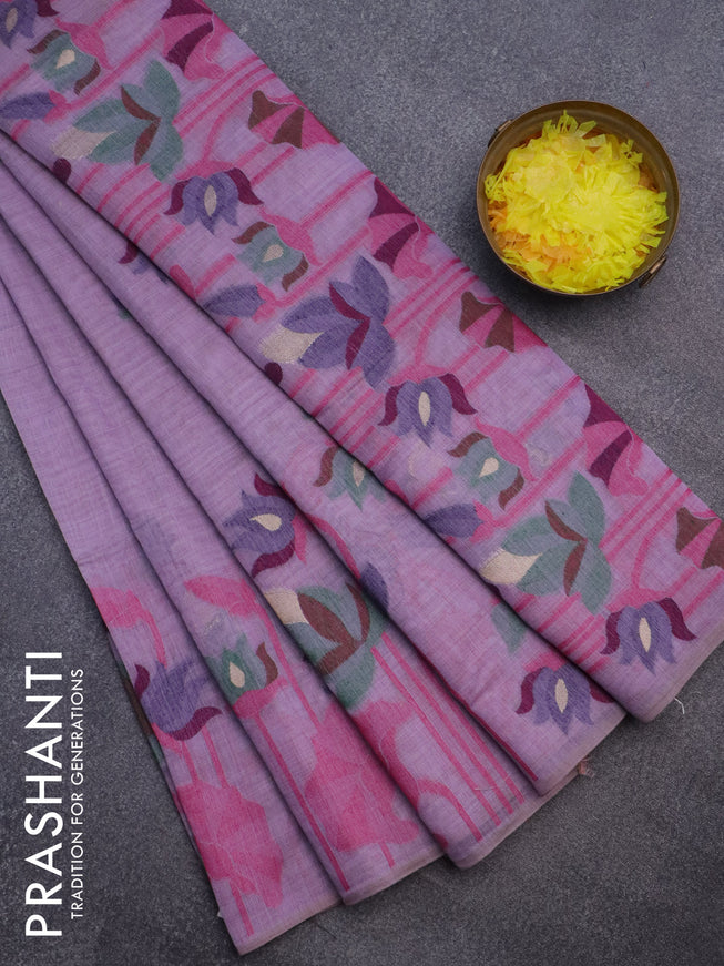 Munga cotton saree lavender shade with thread & zari woven buttas and long thread woven border